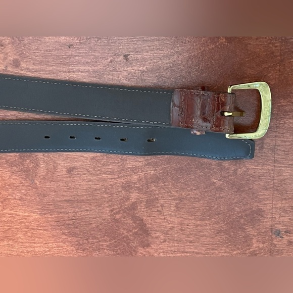 Mens Leather Belt Brown Size 50’ Top Grain Croc Print Solid Brass Hardware EUC - Picture 7 of 8